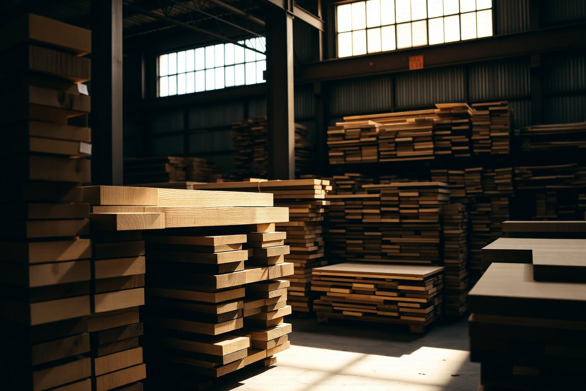 Stacked hardwood lumber in warehouse